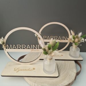 Hoepel 18 cm "MARRAINE" of "PARRAIN" met frosted vaasje wit